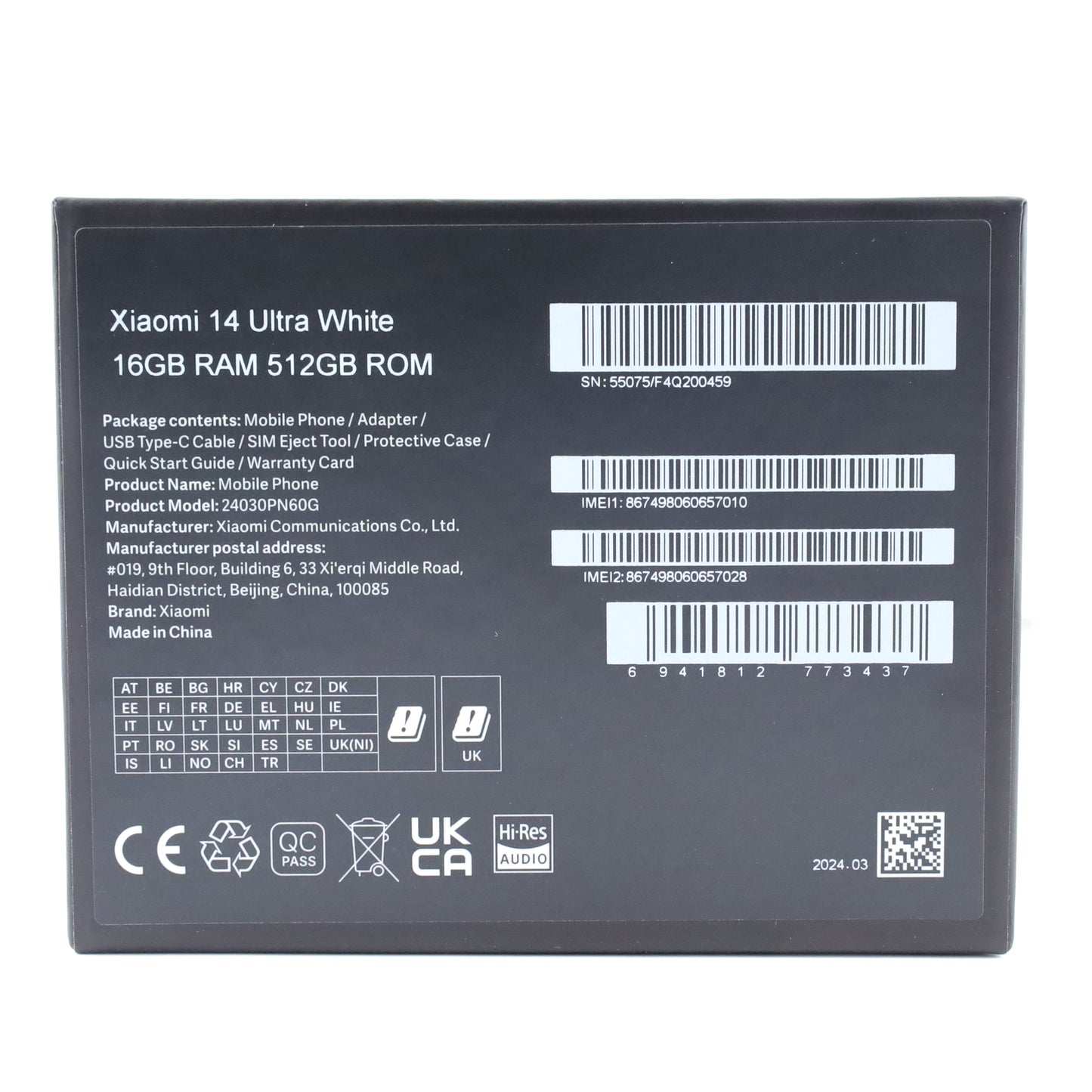 A-ランク Xiaomi 14 Ultra 16/512GB White 24030PN60G グローバル版【90日保証】