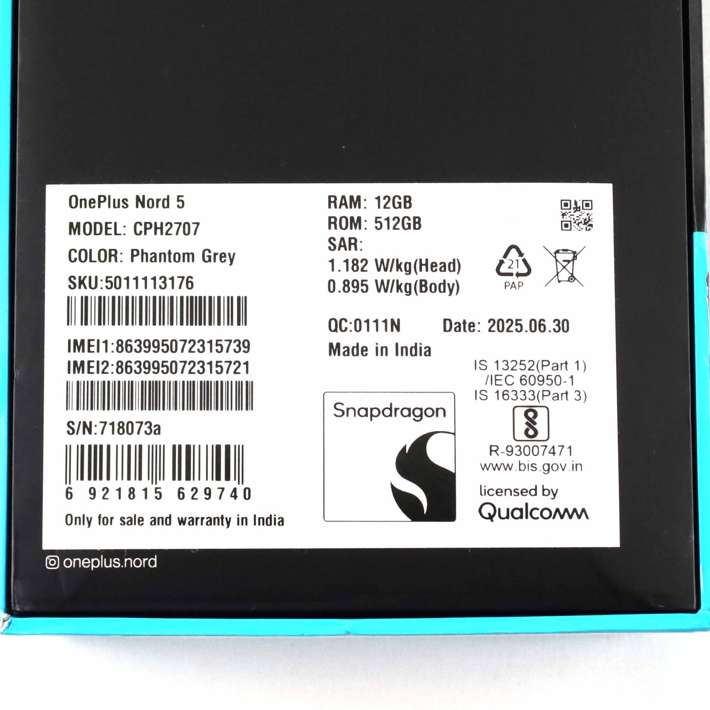 Bランク OnePlus Nord 5 12/512GB PhantomGrey CPH2707 グローバル版【90日保証】