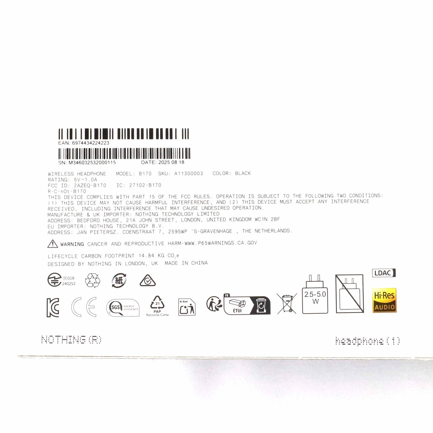 開封未使用 Nothing WIRELESS HEADPHONE(1) Black B170【90日保証】