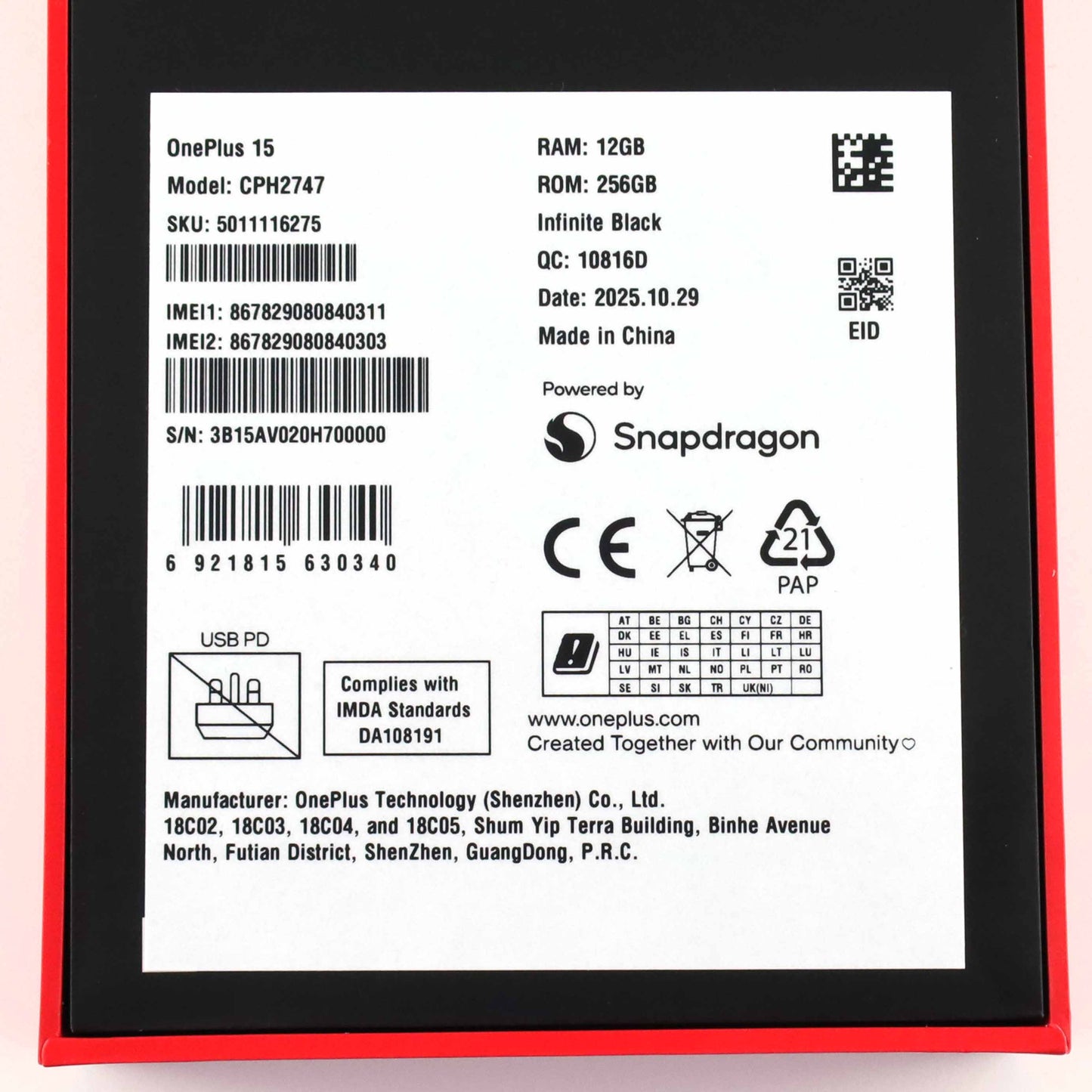 Aランク OnePlus 15 12/256GB Black CPH2747 グローバル版 【90日保証】