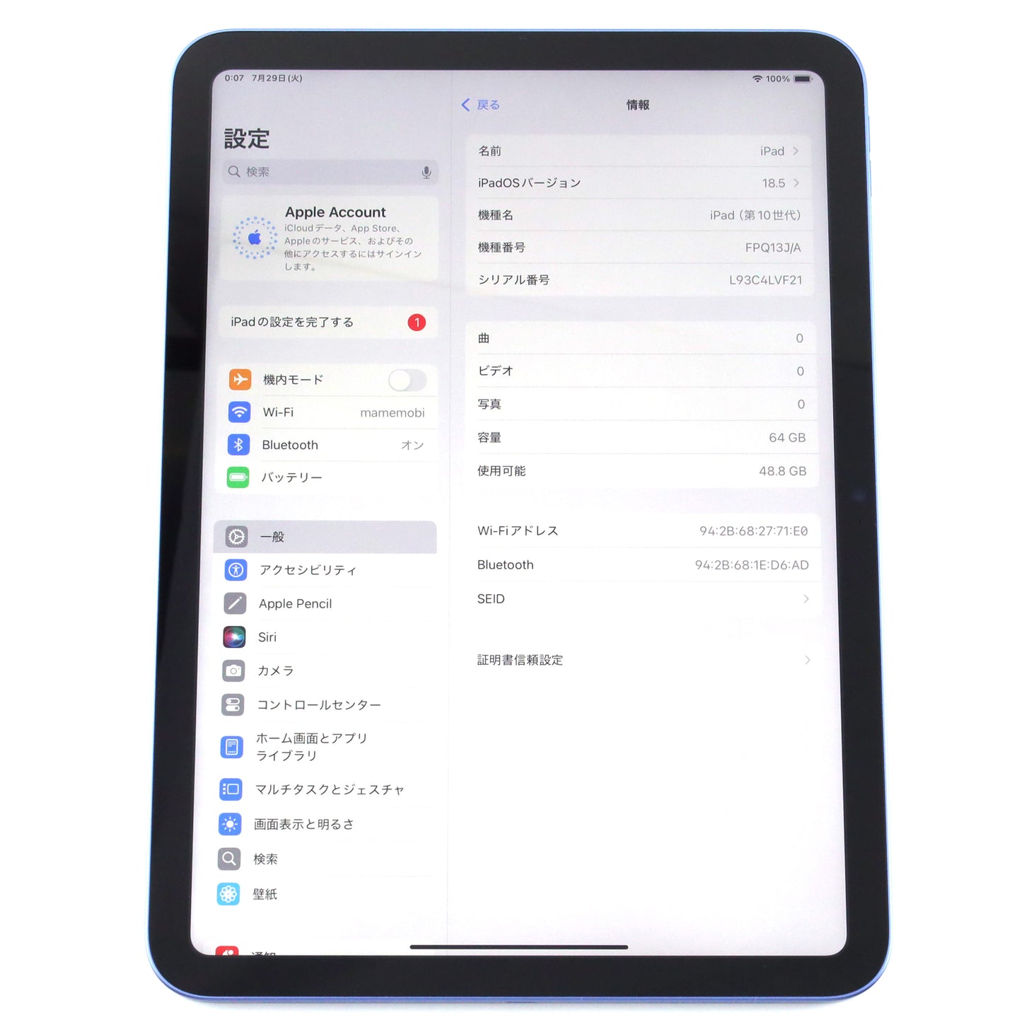 C+ランク iPad (第10世代) Wi-Fi 64GB Blue A2696 FPQ13J/A 国内版【90日保証】