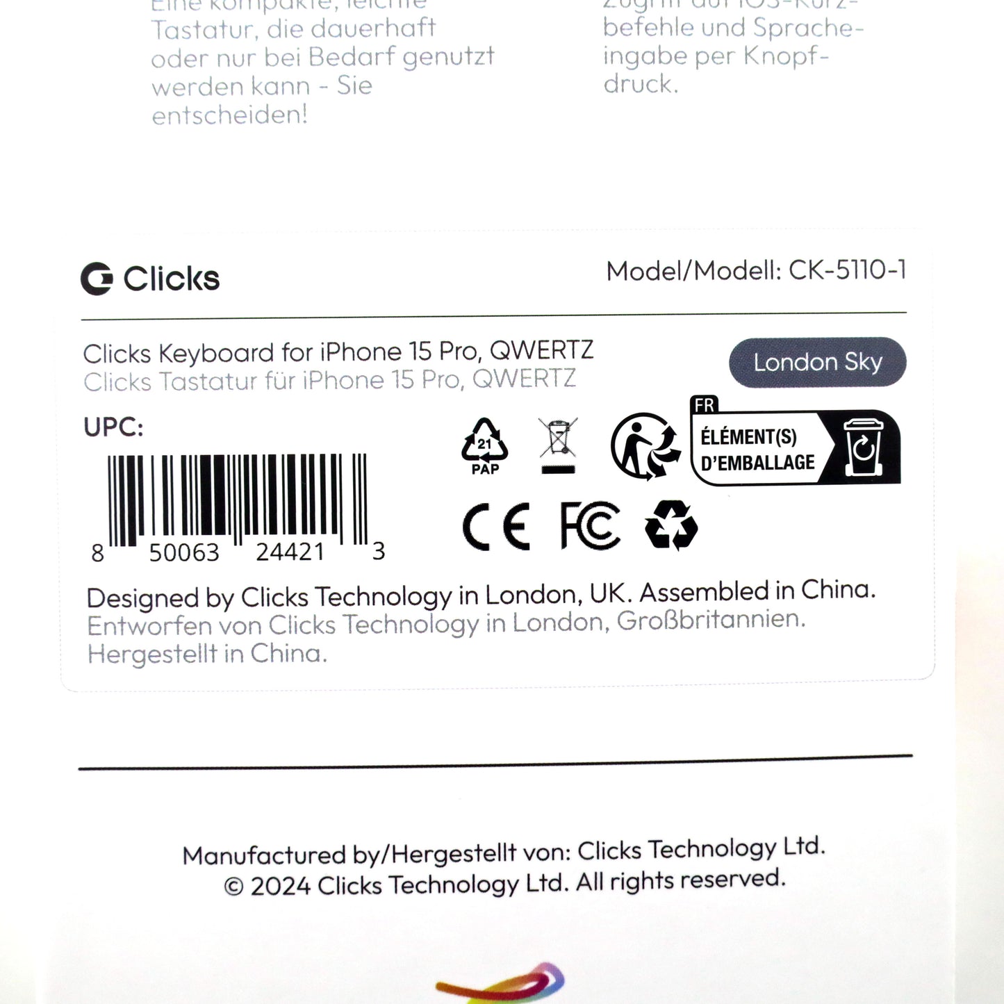 Aランク Clicks Keyboard for Apple iPhone 15 Pro LondonSky