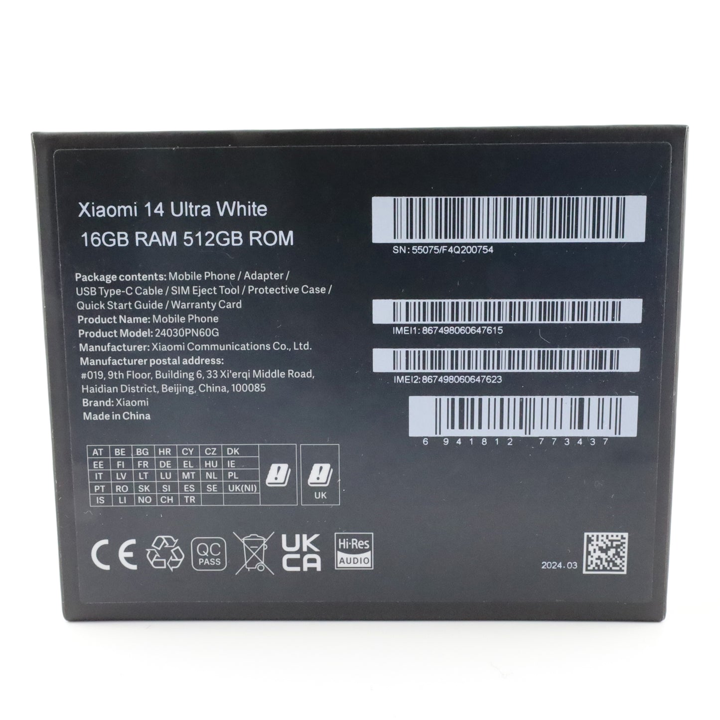 B+ランク Xiaomi 14 Ultra 16/512GB White 24030PN60G グローバル版【90日保証】