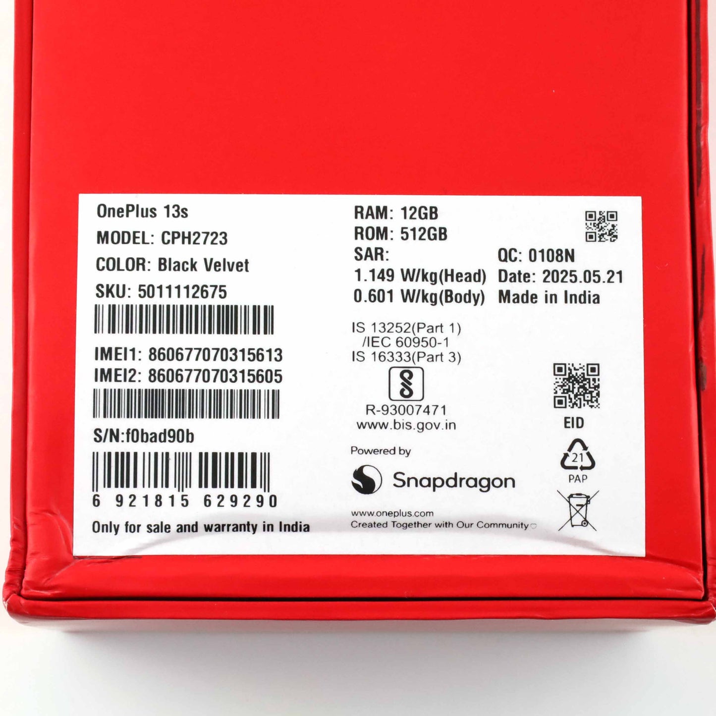 C+ランク OnePlus 13s 12/512GB BlackVelvet CPH2723 グローバル版【90日保証】