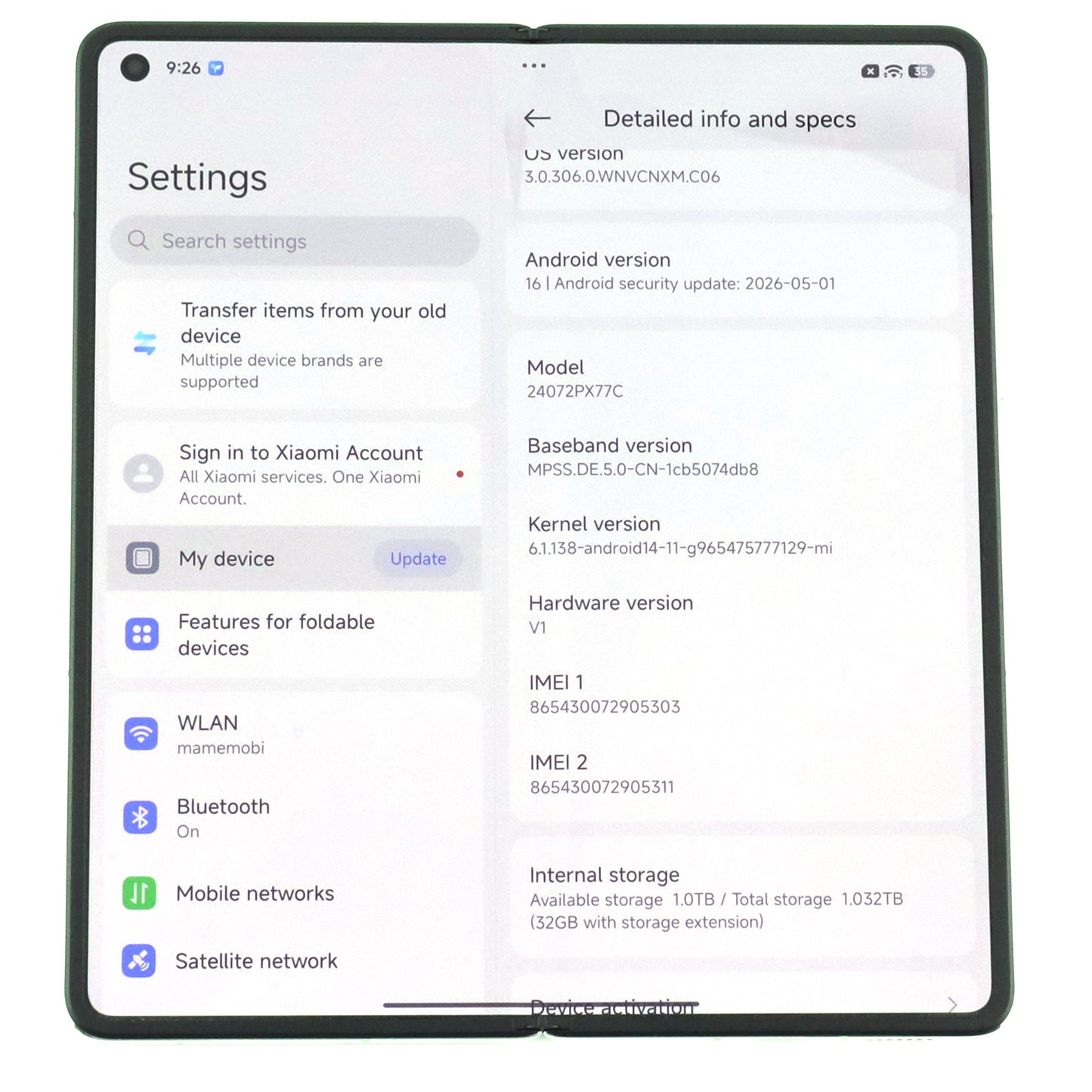 C+ランク Xiaomi MIX Fold 4 16/1024GB White 24072PX77C 中国版【30日保証】
