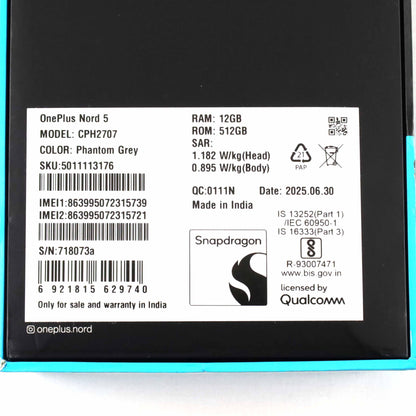 Bランク OnePlus Nord 5 12/512GB PhantomGrey CPH2707 グローバル版【90日保証】