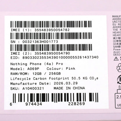 C+ランク Nothing Phone (4a) Pro 12/256GB Pink A069P 国内版【90日保証】