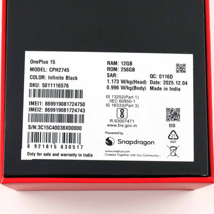 A-ランク OnePlus 15 12/256GB InfiniteBlack CPH2745 グローバル版【90日保証】