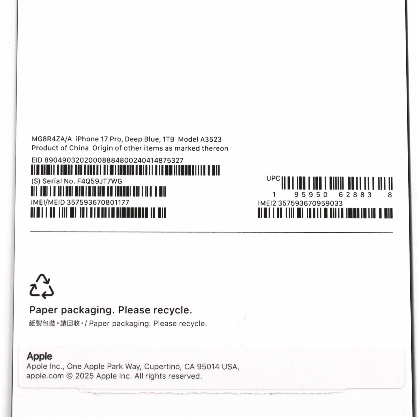 A-ランク iPhone 17 Pro 1TB DeepBlue A3523 MG8R4ZA/A 香港版【90日保証】