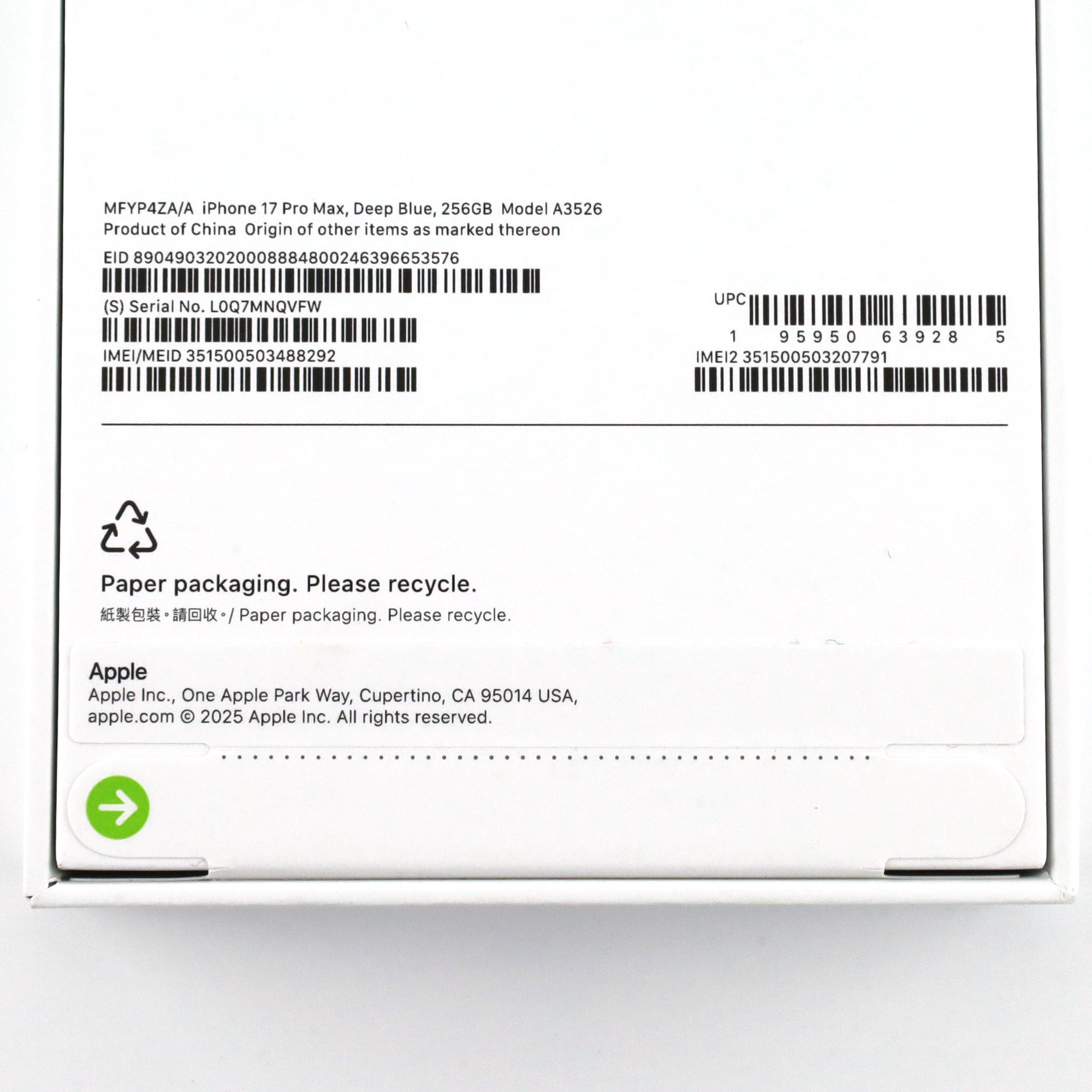 未開封 iPhone 17 Pro Max 256GB DeepBlue A3526 MFYP4ZA/A 香港版【90