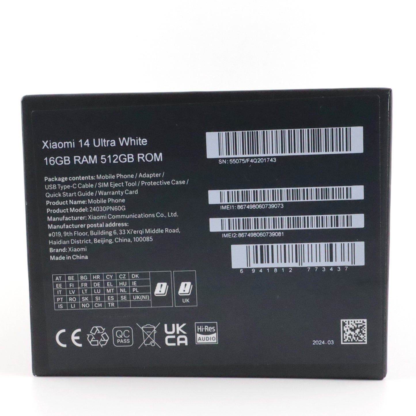 B+ランク- Xiaomi 14 Ultra 16/512GB White 24030PN60G グローバル版【90日保証】