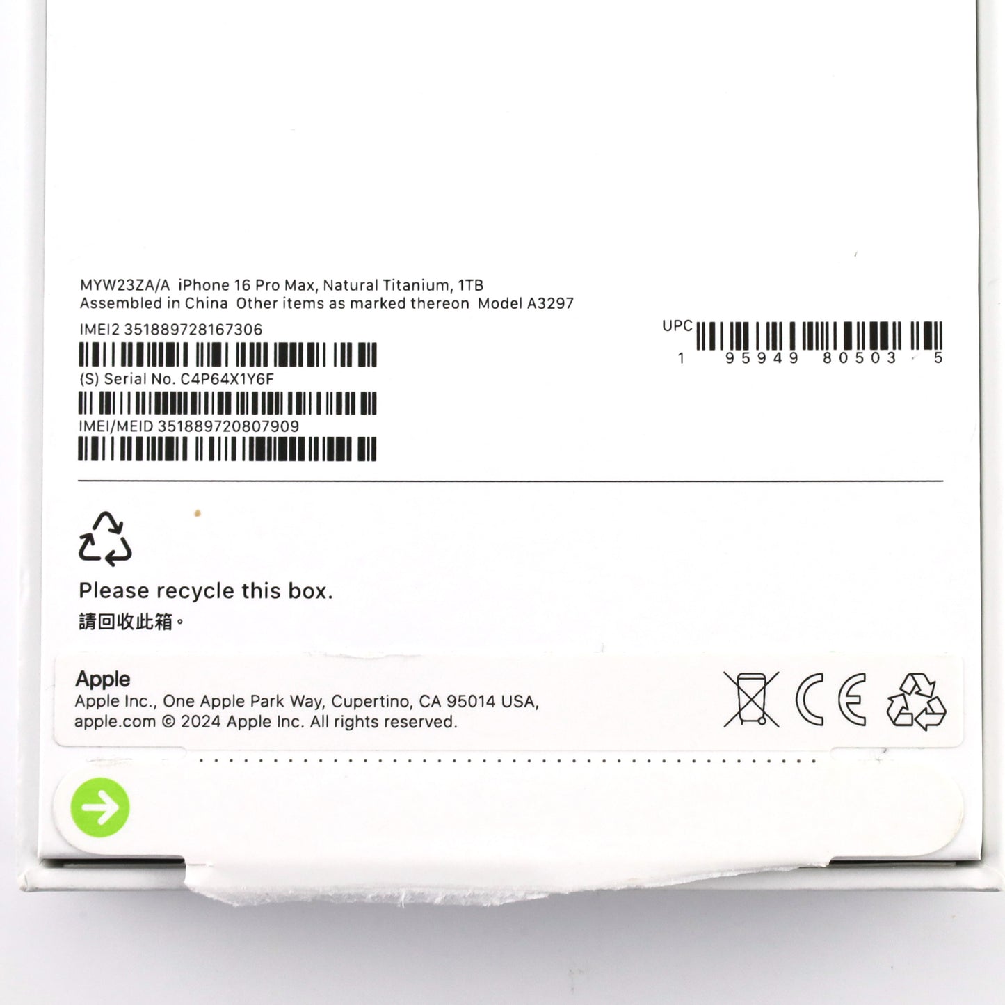 B+ランク iPhone 16 Pro Max 1TB NaturalTitanium MYW23ZA/A A3297 香港版【90日保証】