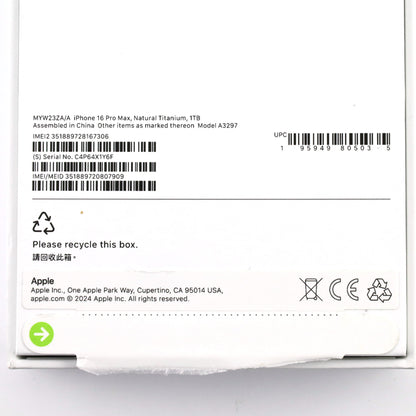 B+ランク iPhone 16 Pro Max 1TB NaturalTitanium MYW23ZA/A A3297 香港版【90日保証】