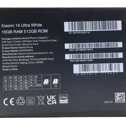 B+ランク Xiaomi 14 Ultra 16/512GB White 24030PN60G グローバル版【90日保証】